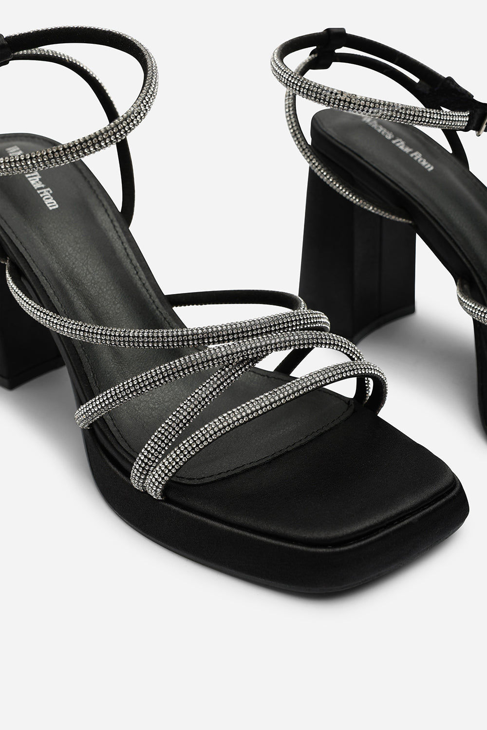 Qelixa Wide Fit Silver Diamante Cross Over Strappy Platform Heels in Black Satin
