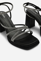 Qelixa Silver Diamante Cross Over Strappy Platform Heels in Black Satin