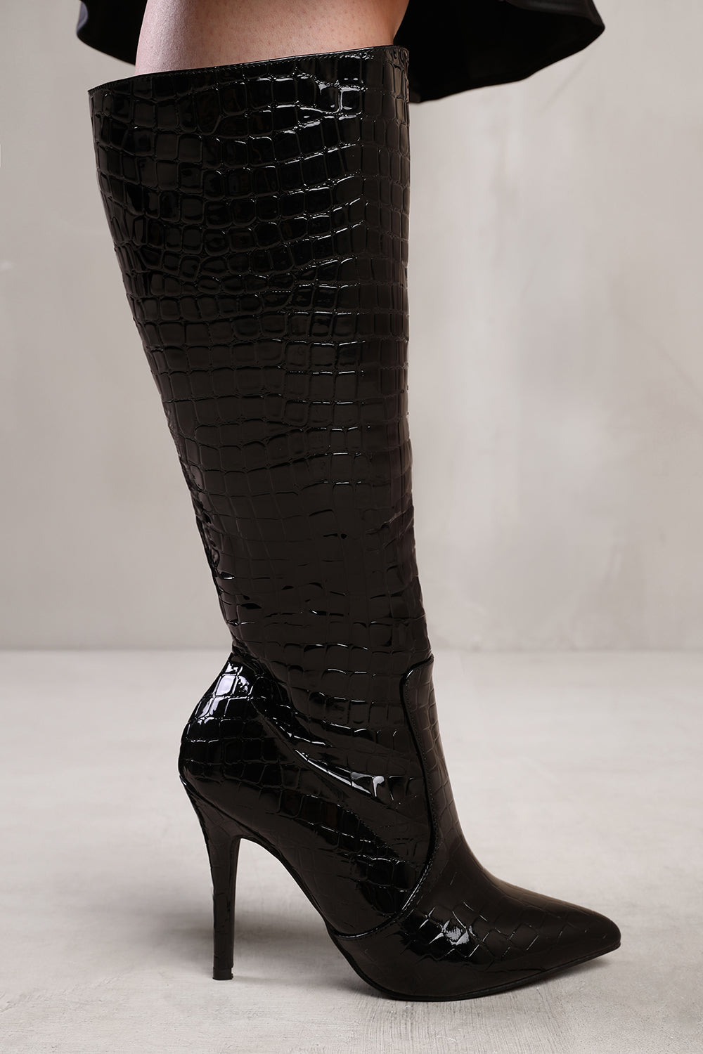 ZOYA WIDE CALF HIGH HEEL BOOT IN WIDE E FIT IN BLACK CROCO PATENT