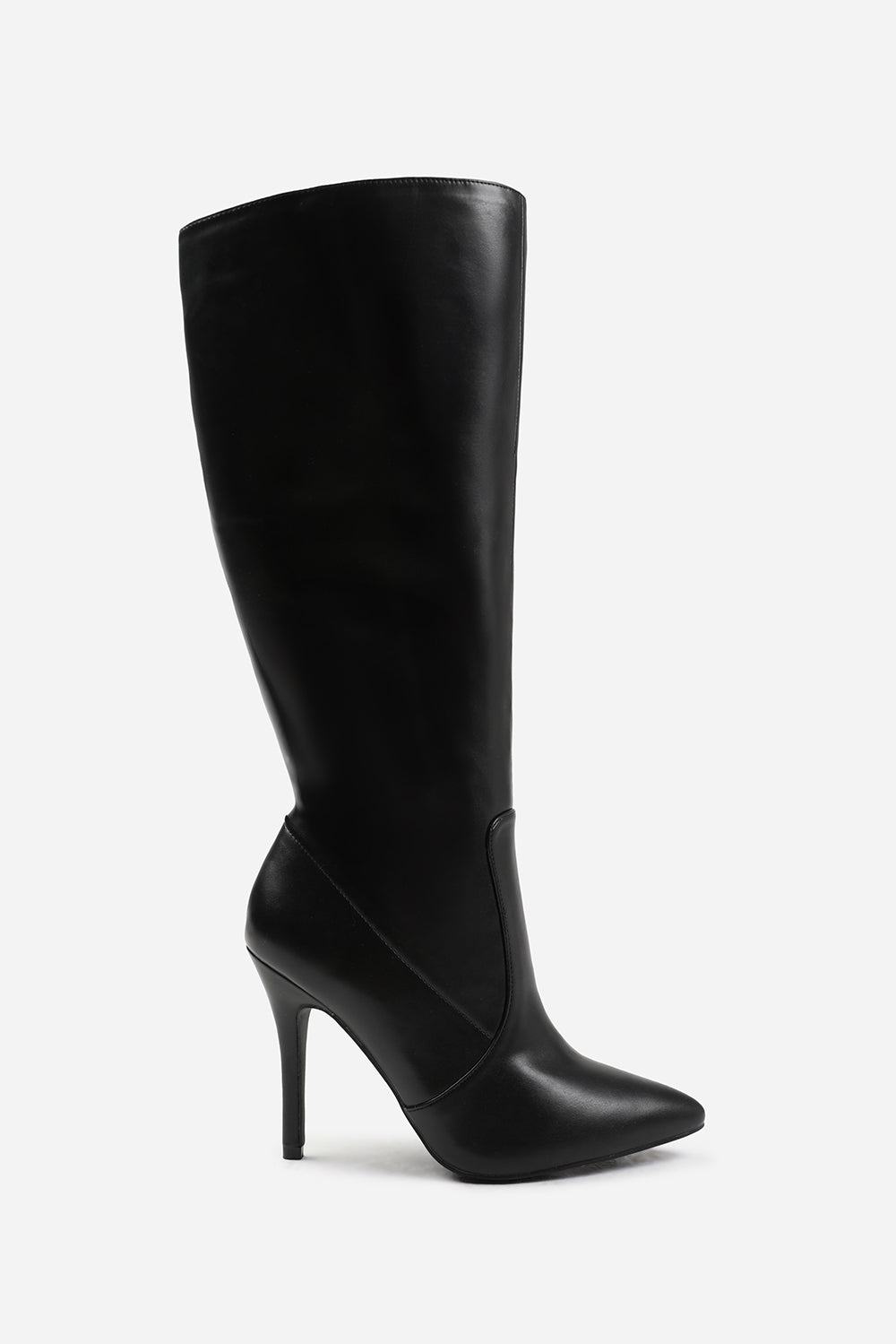 ZOYA WIDE CALF HIGH HEEL BOOT IN WIDE E FIT IN BLACK FAUX LEATHER Where s That From UK