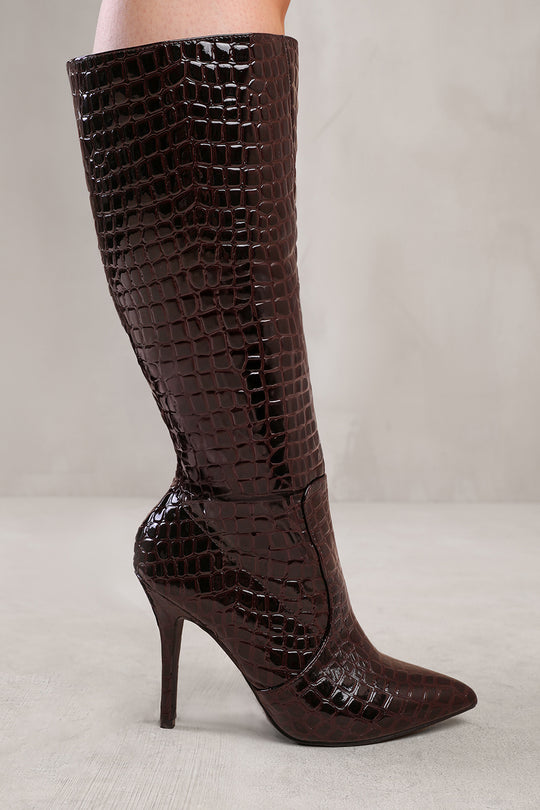 ZOYA WIDE CALF HIGH HEEL BOOT IN WIDE E FIT IN DARK BROWN CROCO PATENT