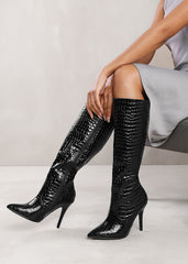 ZOYA WIDE CALF HIGH HEEL BOOT IN WIDE E FIT IN BLACK CROCO PATENT