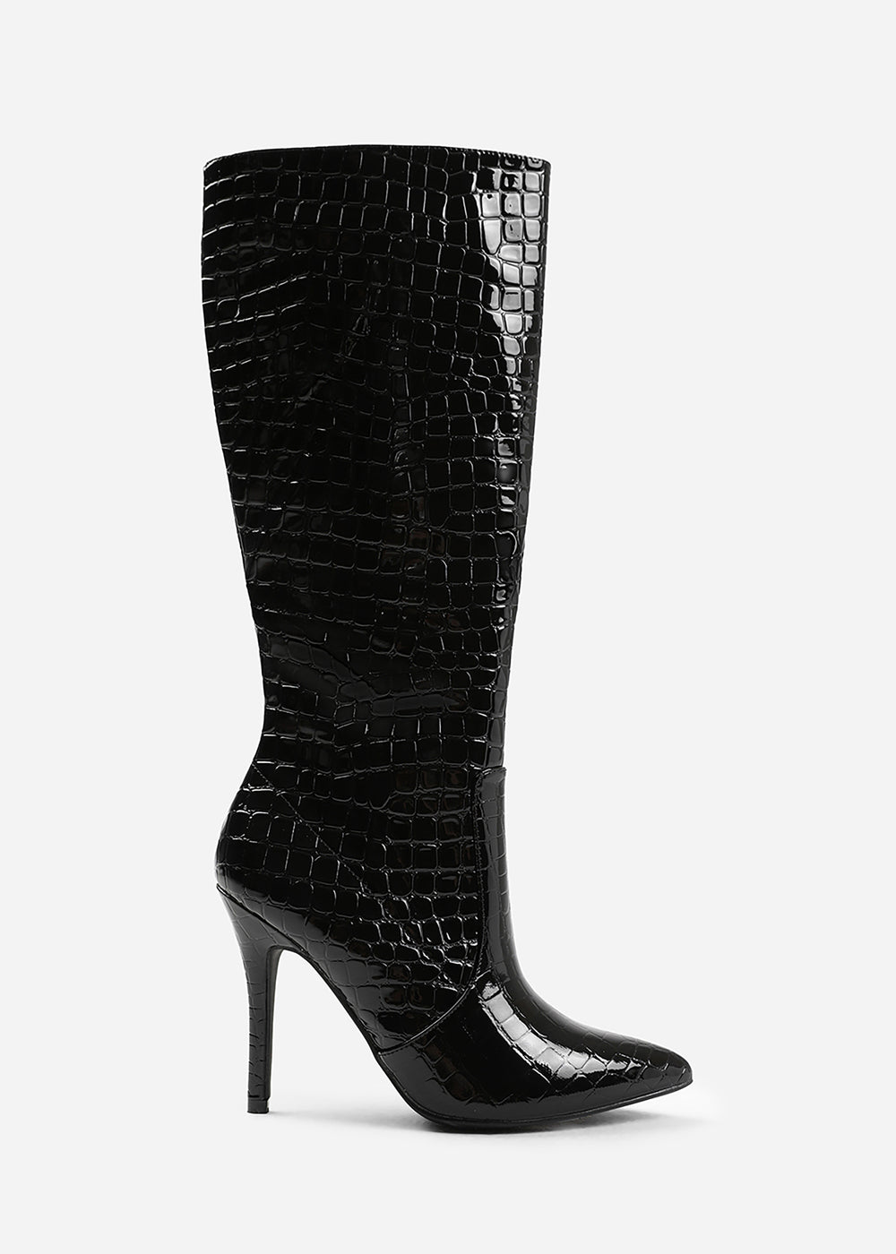 ZOYA WIDE CALF HIGH HEEL BOOT IN WIDE E FIT IN BLACK CROCO PATENT