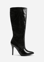 ZOYA WIDE CALF HIGH HEEL BOOT IN WIDE E FIT IN BLACK CROCO PATENT