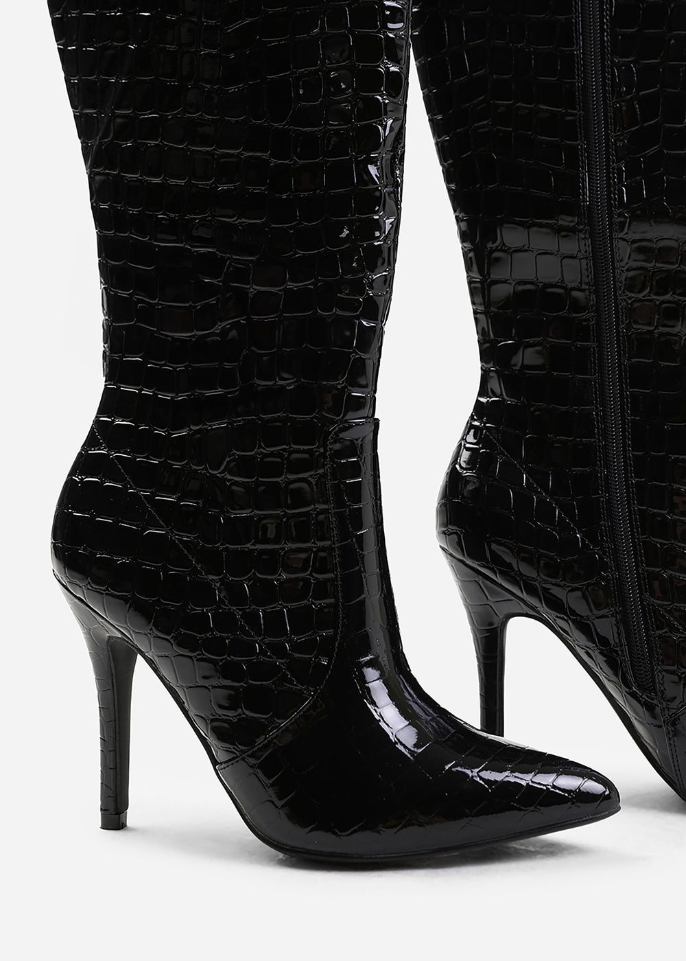 ZOYA WIDE CALF HIGH HEEL BOOT IN WIDE E FIT IN BLACK CROCO PATENT