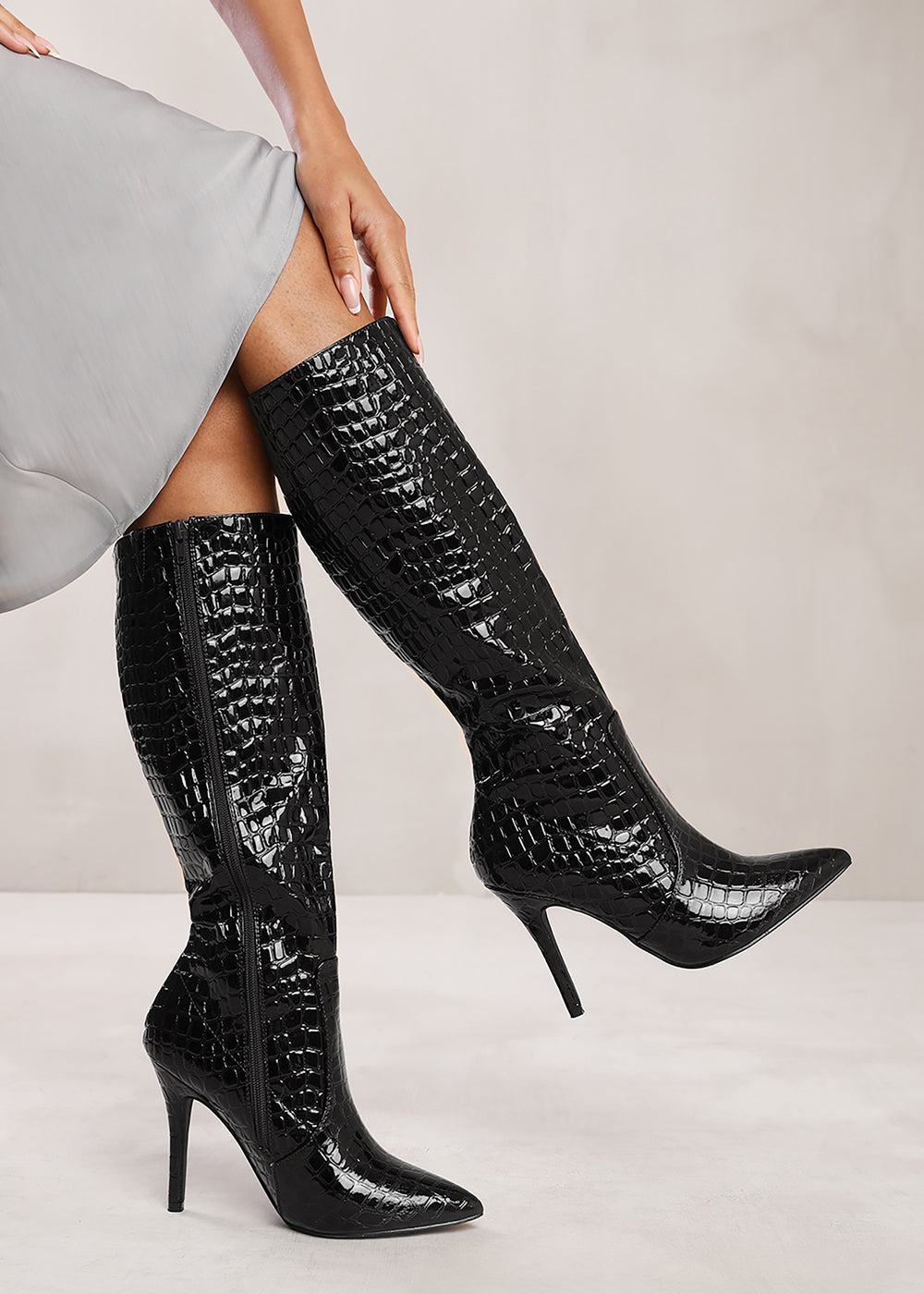 ZOYA WIDE CALF HIGH HEEL BOOT IN WIDE E FIT IN BLACK CROCO PATENT