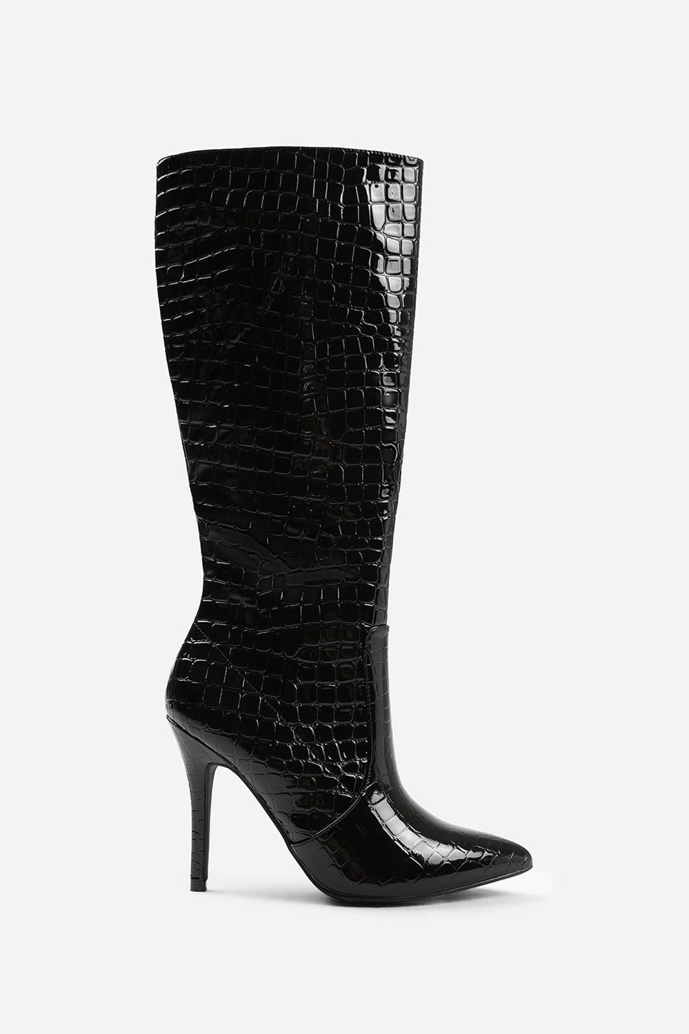 REMI HIGH HEEL CALF BOOT IN BLACK CROCO PATENT