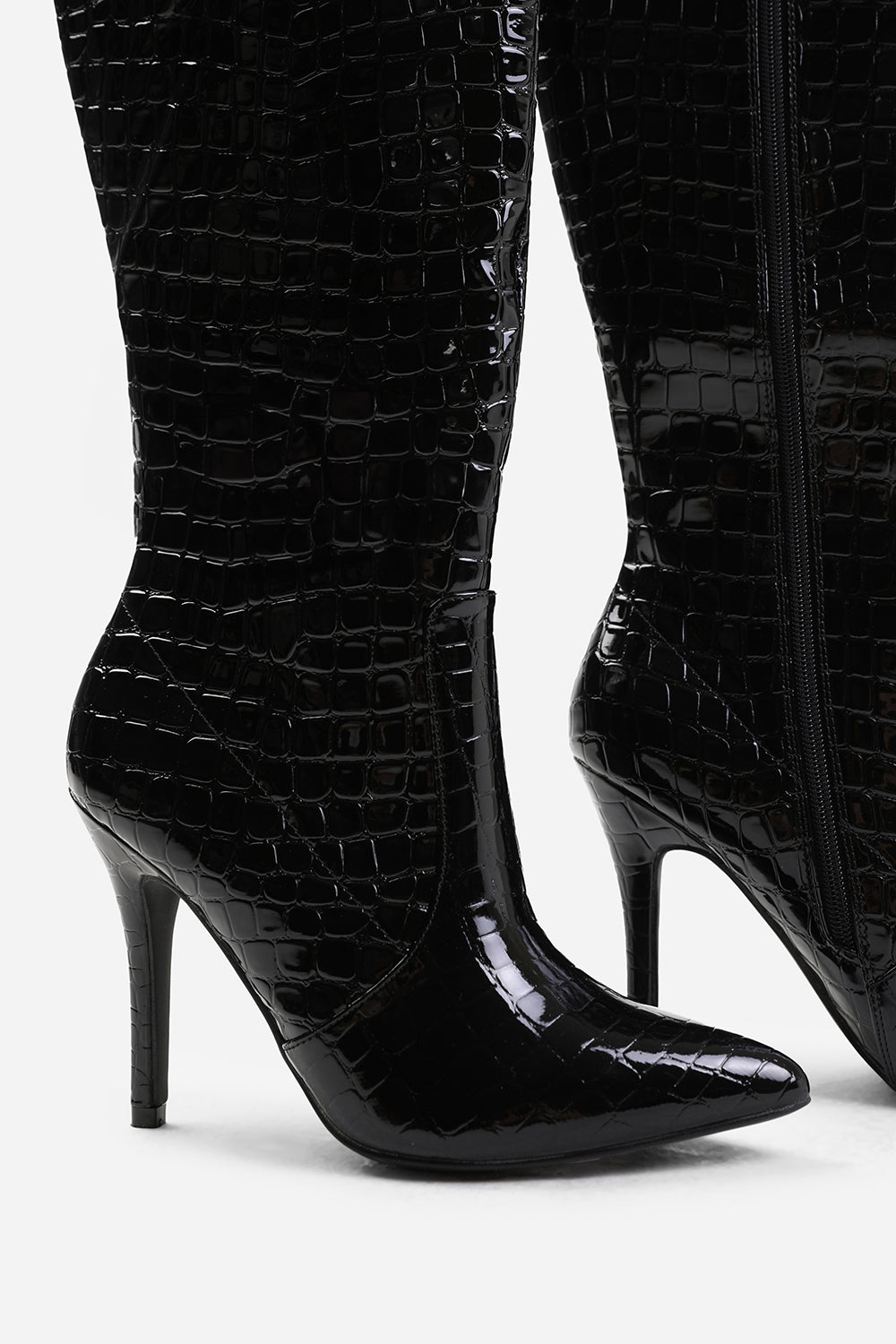 REMI HIGH HEEL CALF BOOT IN BLACK CROCO PATENT