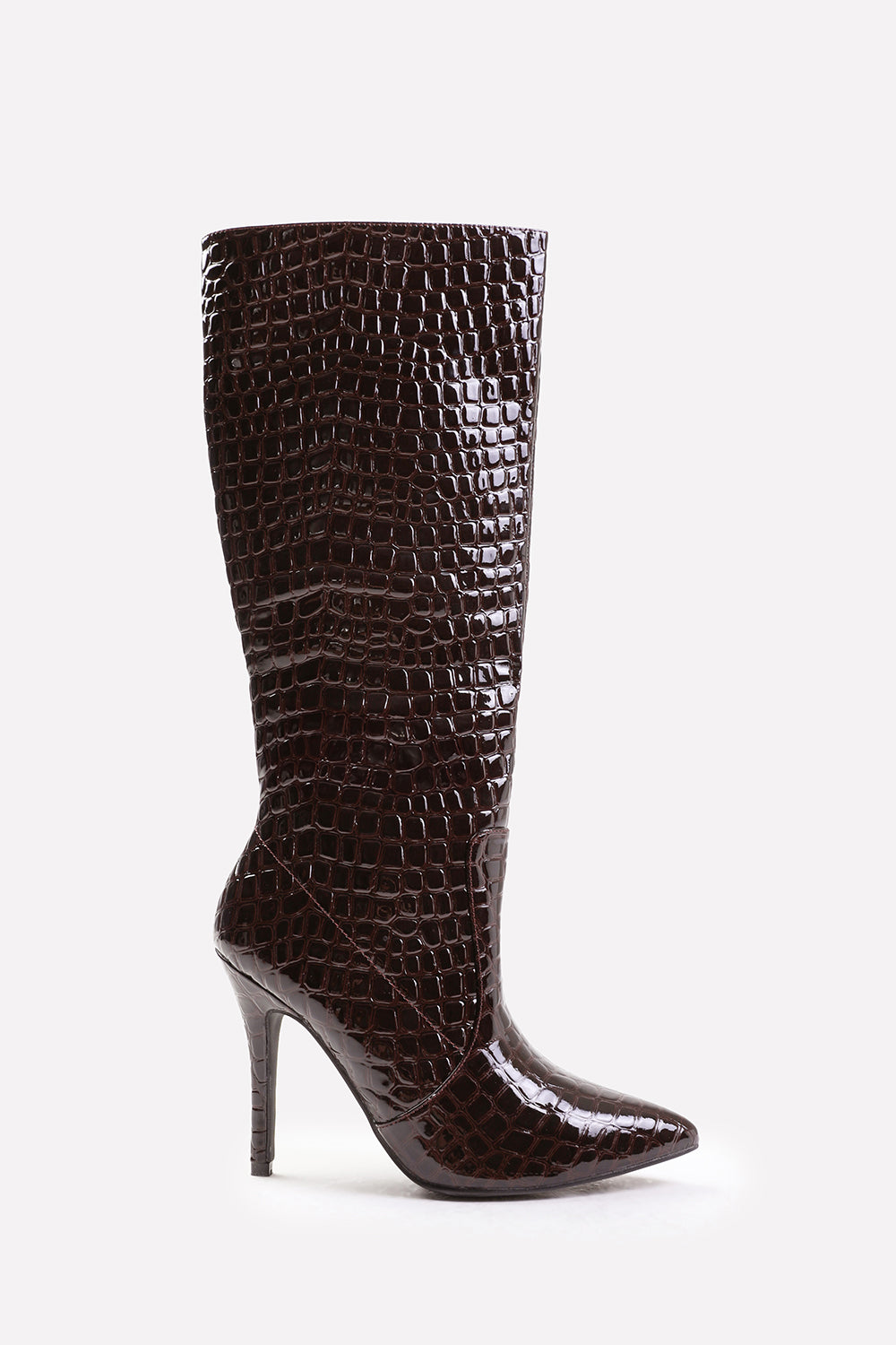 ZOYA WIDE CALF HIGH HEEL BOOT IN WIDE E FIT IN DARK BROWN CROCO PATENT