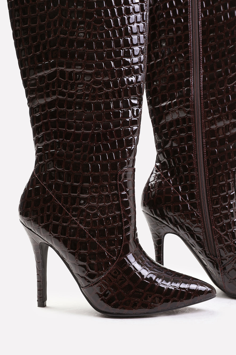 REMI HIGH HEEL CALF BOOT IN DARK BROWN CROCO PATENT