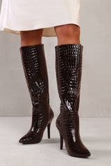 ZOYA HIGH HEEL BOOT IN DARK BROWN CROCO PATENT