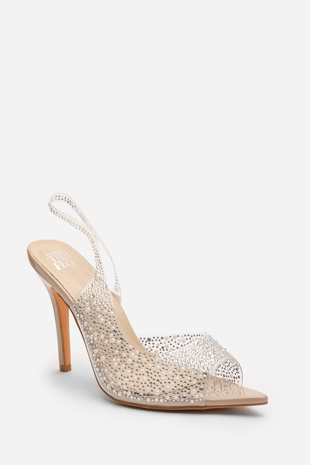 Carlah Crystal Embellished Heeled Sandals In Nude Patent