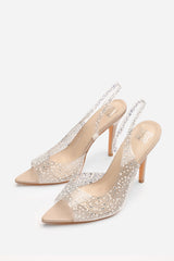 Carlah Crystal Embellished Heeled Sandals In Nude Patent