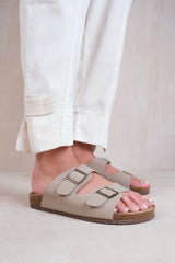 WILLOW TWO STRAP FLAT SANDALS WITH BUCKLE DETAIL IN CAMEL NUBUCK