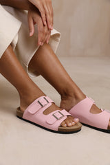 WILLOW TWO STRAP FLAT SANDALS WITH BUCKLE DETAIL IN PINK NUBUCK