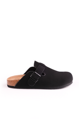 PALM CLOSED TOE FLAT SANDALS WITH BUCKLE DETAIL IN BLACK NUBUCK