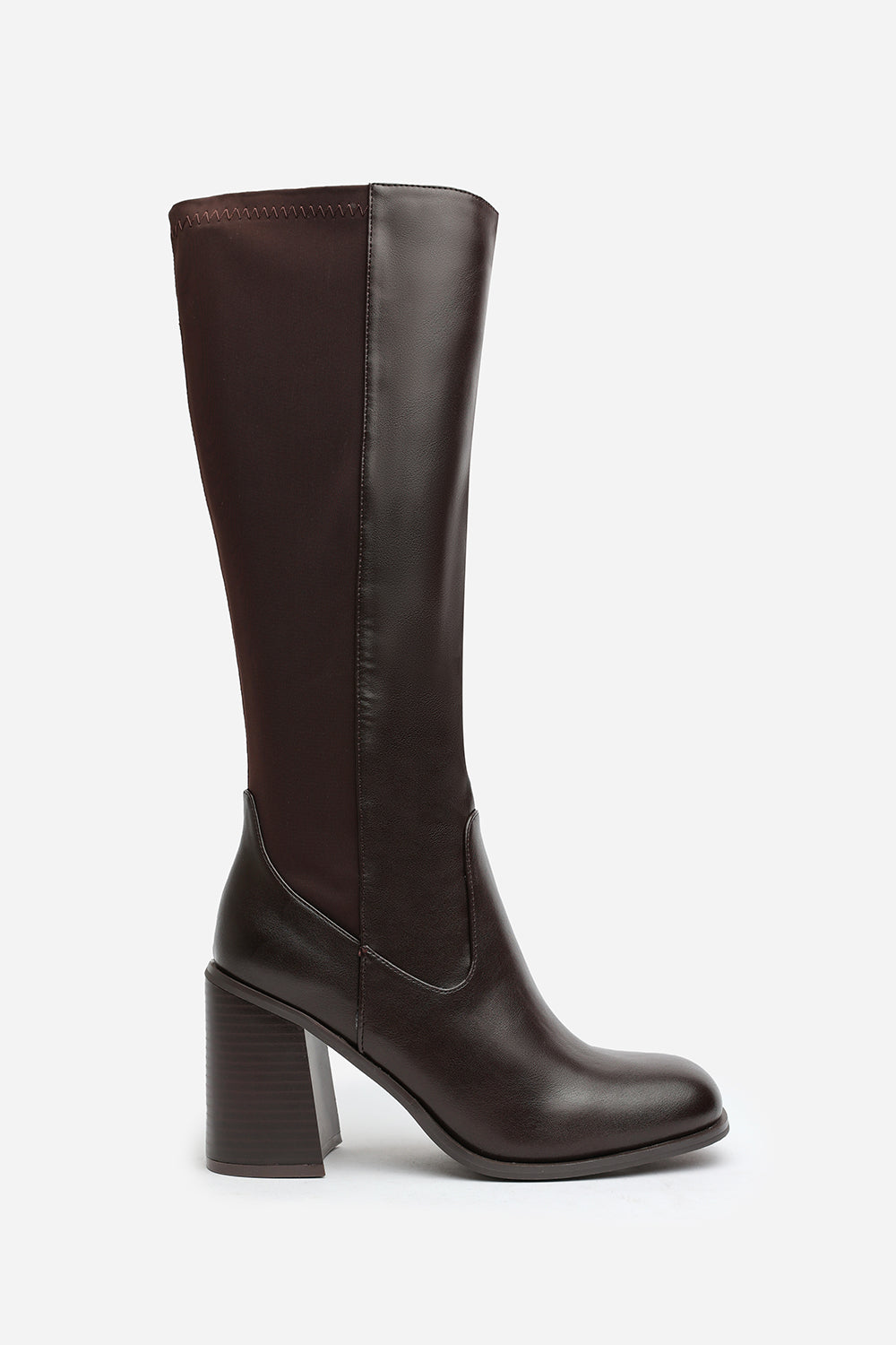 Zhuri Mid Block Heel Knee High Boots with Stretch and Side Zip In Brown Faux Leather