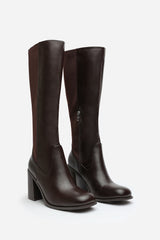 Zhuri Mid Block Heel Knee High Boots with Stretch and Side Zip In Brown Faux Leather