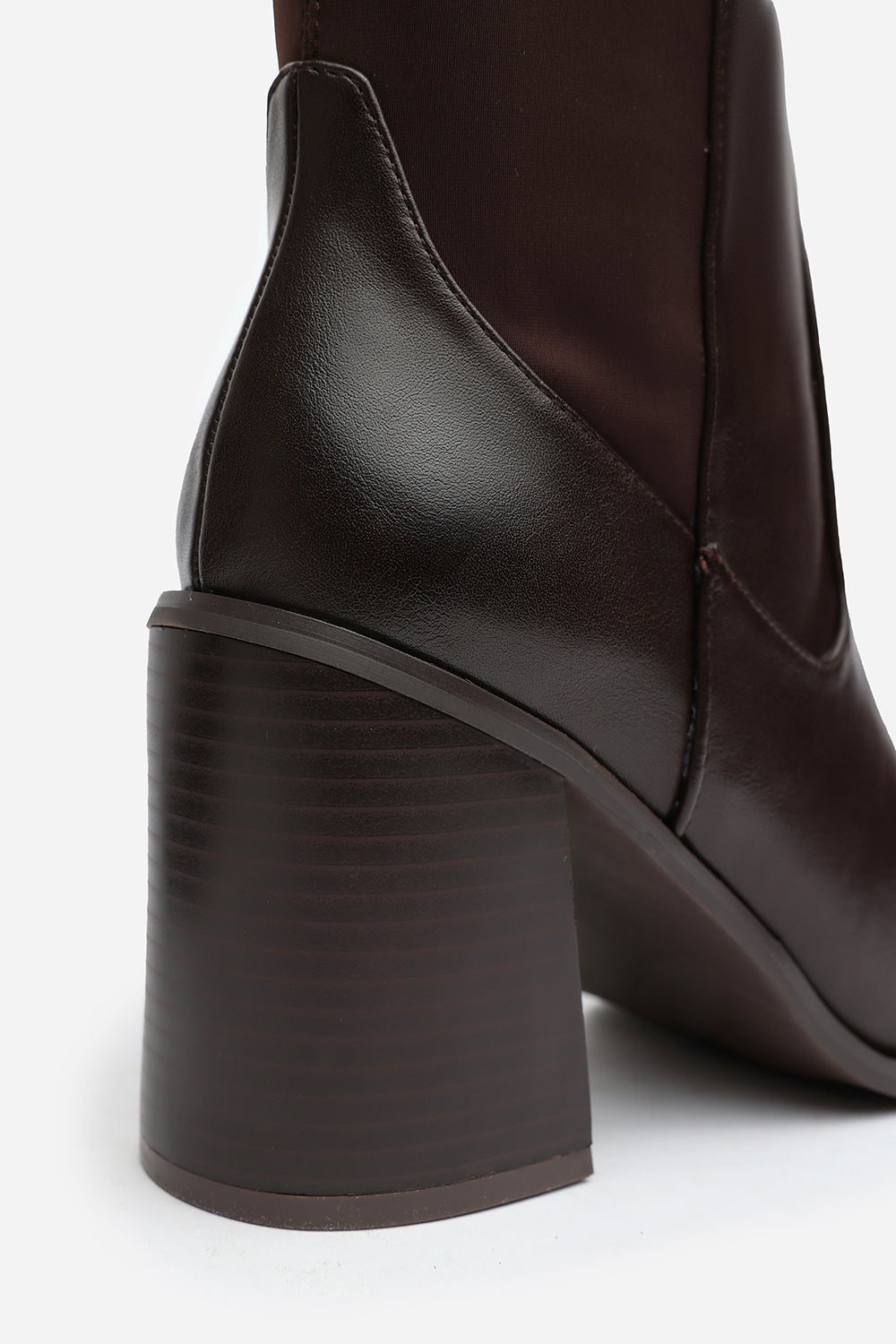 Zhuri Mid Block Heel Knee High Boots with Stretch and Side Zip In Brown Faux Leather