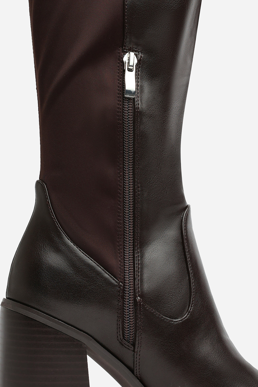 Zhuri Mid Block Heel Knee High Boots with Stretch and Side Zip In Brown Faux Leather