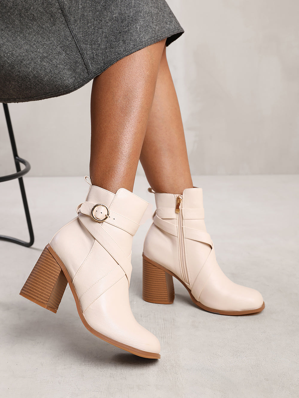 AISLINN BLOCK HEEL ANKLE BOOTS WITH ZIP AND BUCKLE DETAIL IN CREAM FAUX LEATHER