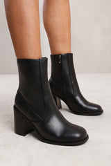 KEISHA BLOCK HEEL MID CALF BOOTS WITH SIDE ZIP IN BLACK FAUX LEATHER