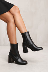 KEISHA BLOCK HEEL MID CALF BOOTS WITH SIDE ZIP IN BLACK FAUX LEATHER