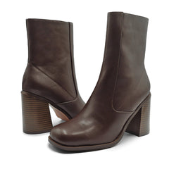 KEISHA BLOCK HEEL MID CALF BOOTS WITH SIDE ZIP IN BROWN FAUX LEATHER