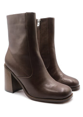 KEISHA BLOCK HEEL MID CALF BOOTS WITH SIDE ZIP IN BROWN FAUX LEATHER