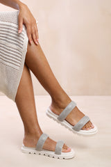 DEFINE FLAT SANDAL WITH CLEAR DIAMOND STRAP IN WHITE PU