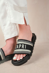 MOON FLAT SANDAL WITH TEXT DETAILING AND PRINTED SOLE IN BLACK