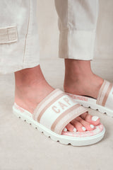 MOON FLAT SANDAL WITH TEXT DETAILING AND PRINTED SOLE IN PINK