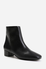 PHILADELPHIA LOW BLOCK HEEL ANKLE BOOT WITH SIDE ZIP IN BLACK FAUX LEATHER