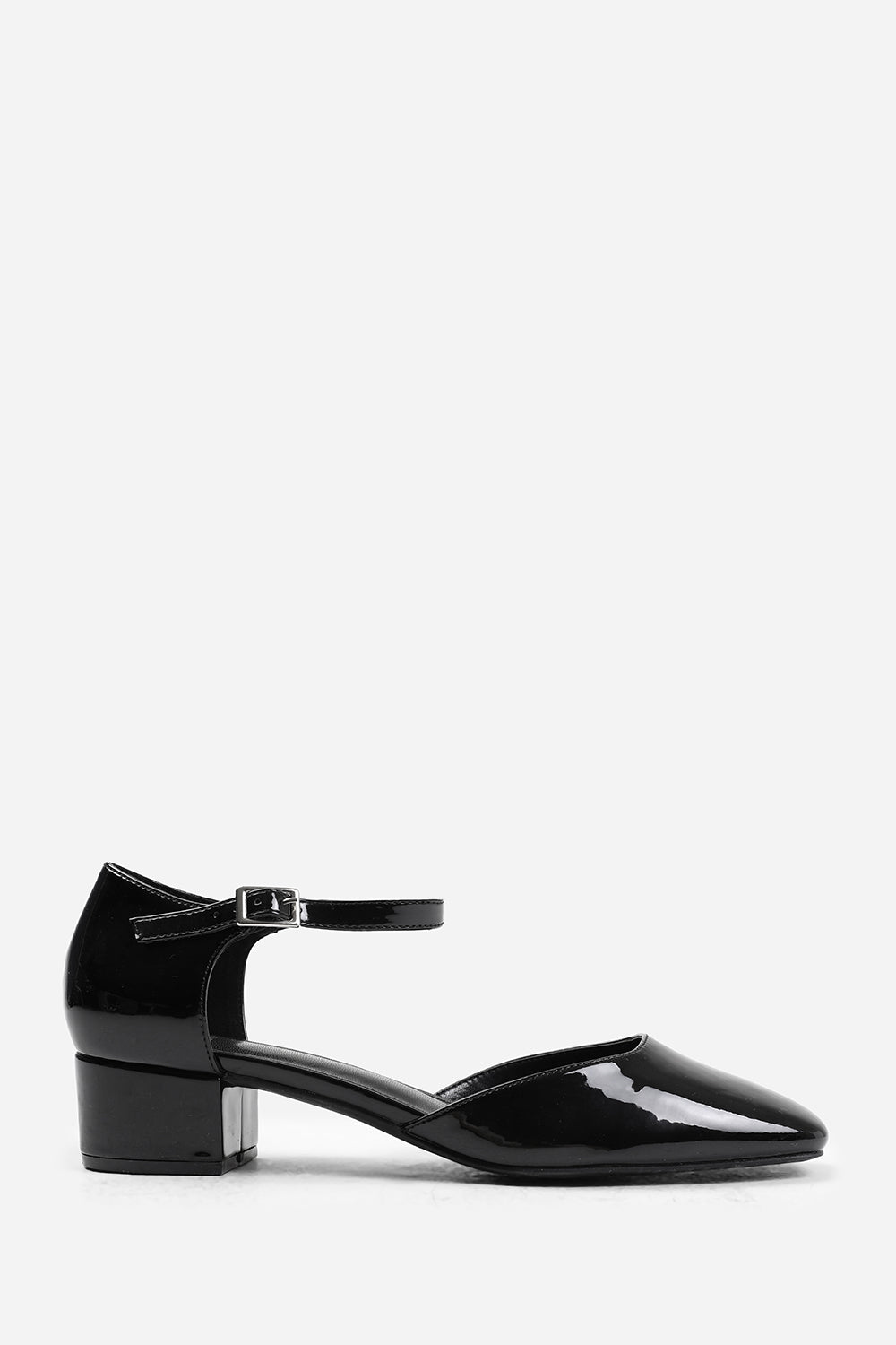 SINGAPORE WIDE FIT SQUARE TOE LOW BLOCK HEEL WITH STRAP IN BLACK PATENT