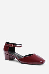 SINGAPORE SQUARE TOE LOW BLOCK HEEL WITH STRAP IN DEEP CHERRY PATENT