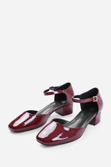 SINGAPORE WIDE FIT SQUARE TOE LOW BLOCK HEEL WITH STRAP IN DEEP CHERRY PATENT