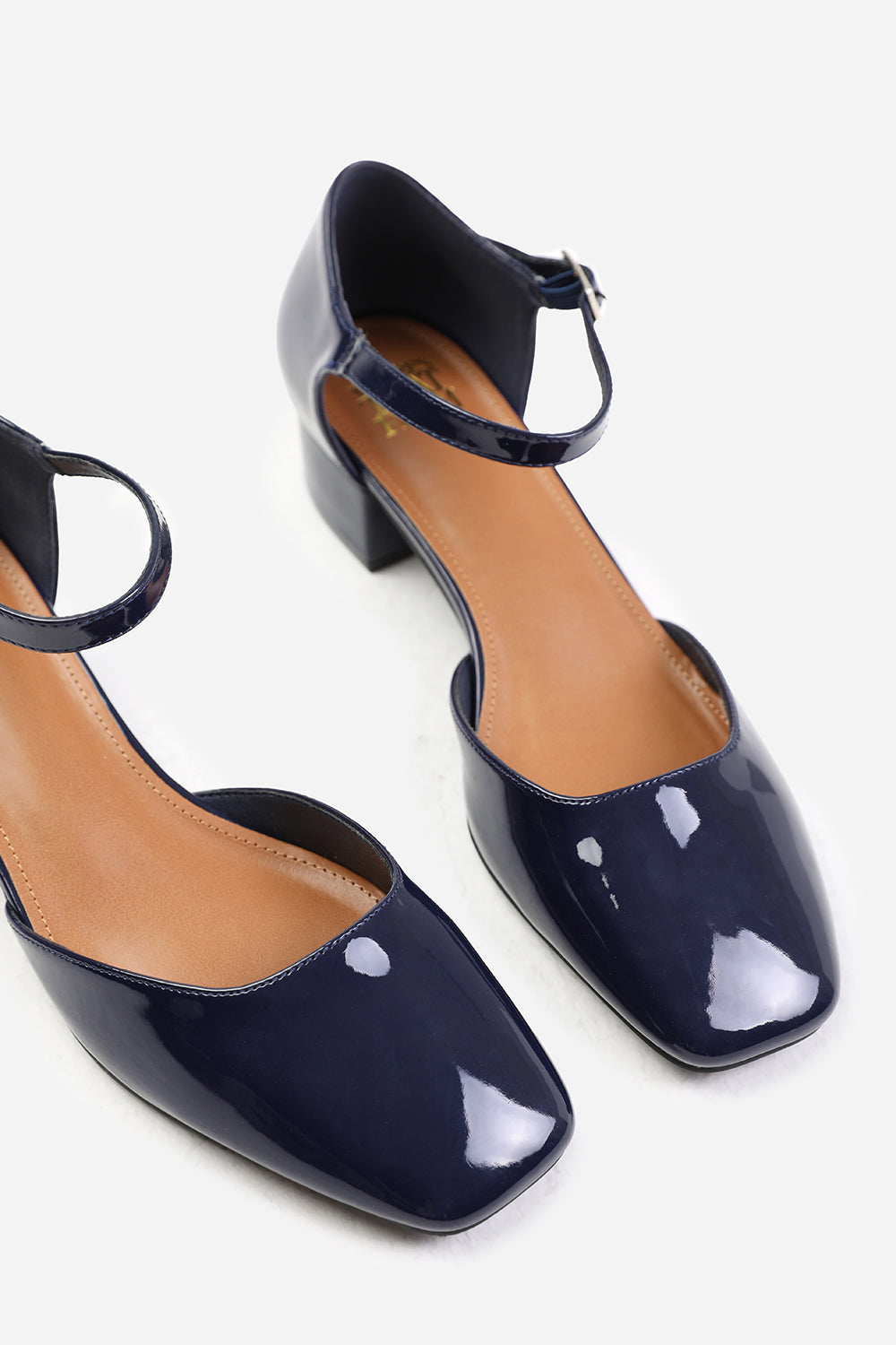 SINGAPORE SQUARE TOE LOW BLOCK HEEL WITH STRAP IN NAVY PATENT