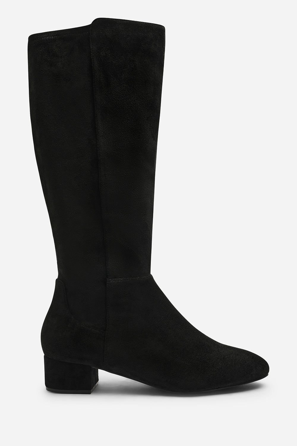 Paislee Round Toe Block Heel Stretch Suede Boots In Black