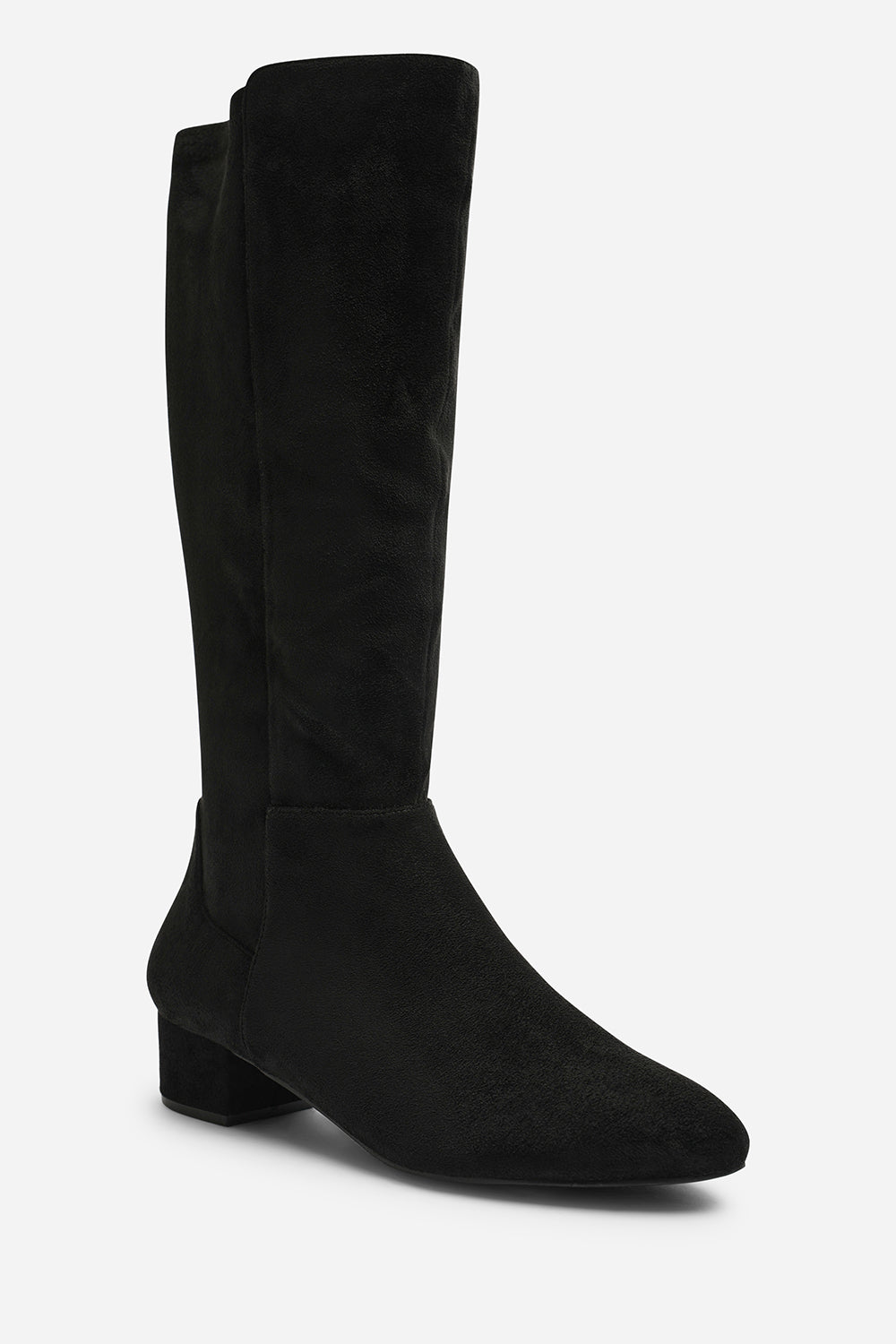 Paislee Round Toe Block Heel Stretch Suede Boots In Black