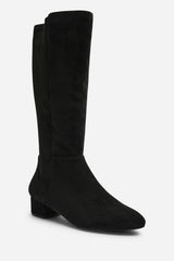 Paislee Wide Fit Round Toe Block Heel Stretch Suede Boots In Black
