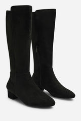 Paislee Round Toe Block Heel Stretch Suede Boots In Black