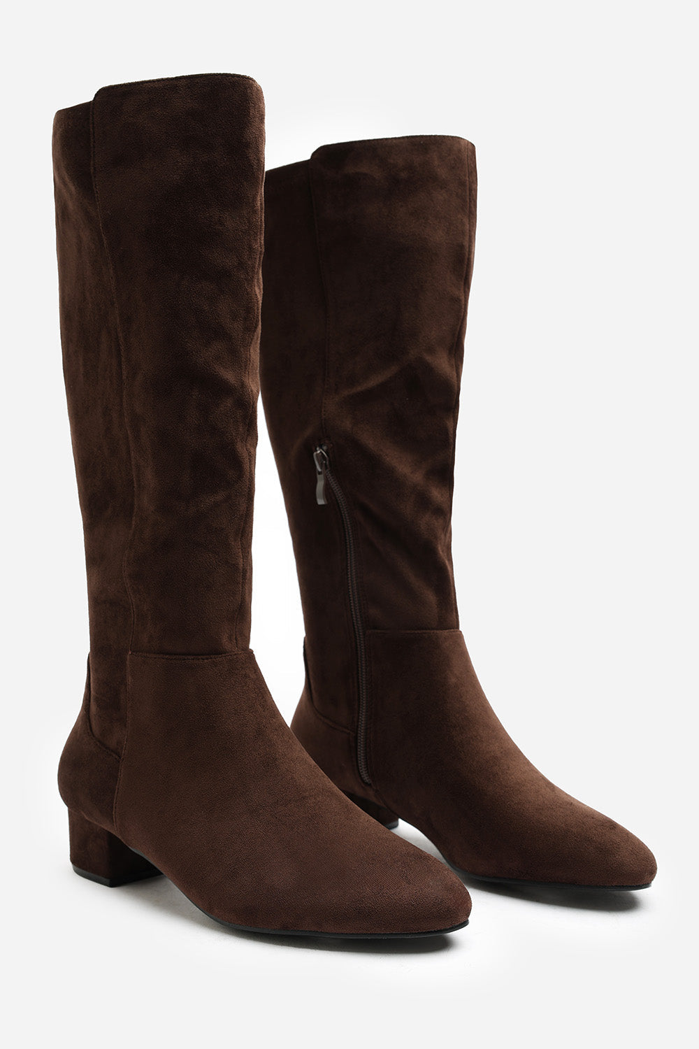 Paislee Wide Fit Round Toe Block Heel Stretch Suede Boots In Dark Brown