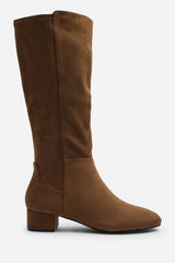 Paislee Wide Fit Round Toe Block Heel Stretch Suede Boots In Light Brown