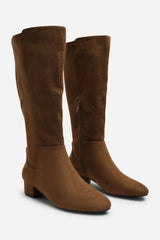 Paislee Wide Fit Round Toe Block Heel Stretch Suede Boots In Light Brown