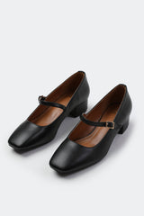 OSLO WIDE FIT LOW BLOCK HEEL WITH STRAP AND SQUARE TOE IN BLACK FAUX LEATHER