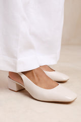 ELIANA SQUARE TOE SLING BACK LOW BLOCK HEELS IN CREAM PATENT