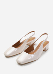 ELIANA SQUARE TOE SLING BACK LOW BLOCK HEELS IN CREAM PATENT