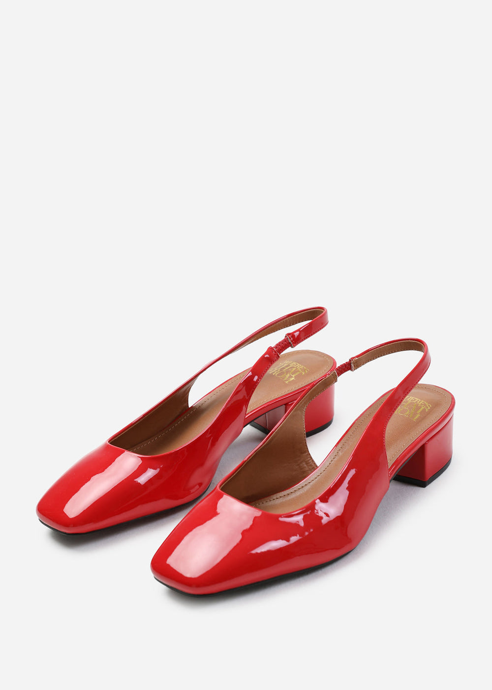 MICHIGAN WIDE FIT SQUARE TOE SLING BACK LOW BLOCK HEELS IN RED PATENT