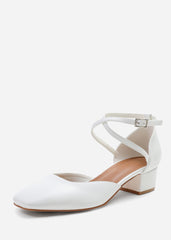 PERU CROSS OVER ANKLE STRAP LOW BLOCK HEEL IN WHITE FAUX LEATHER