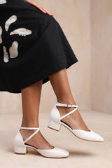 PERU WIDE FIT CROSS OVER ANKLE STRAP LOW BLOCK HEEL IN WHITE FAUX LEATHER